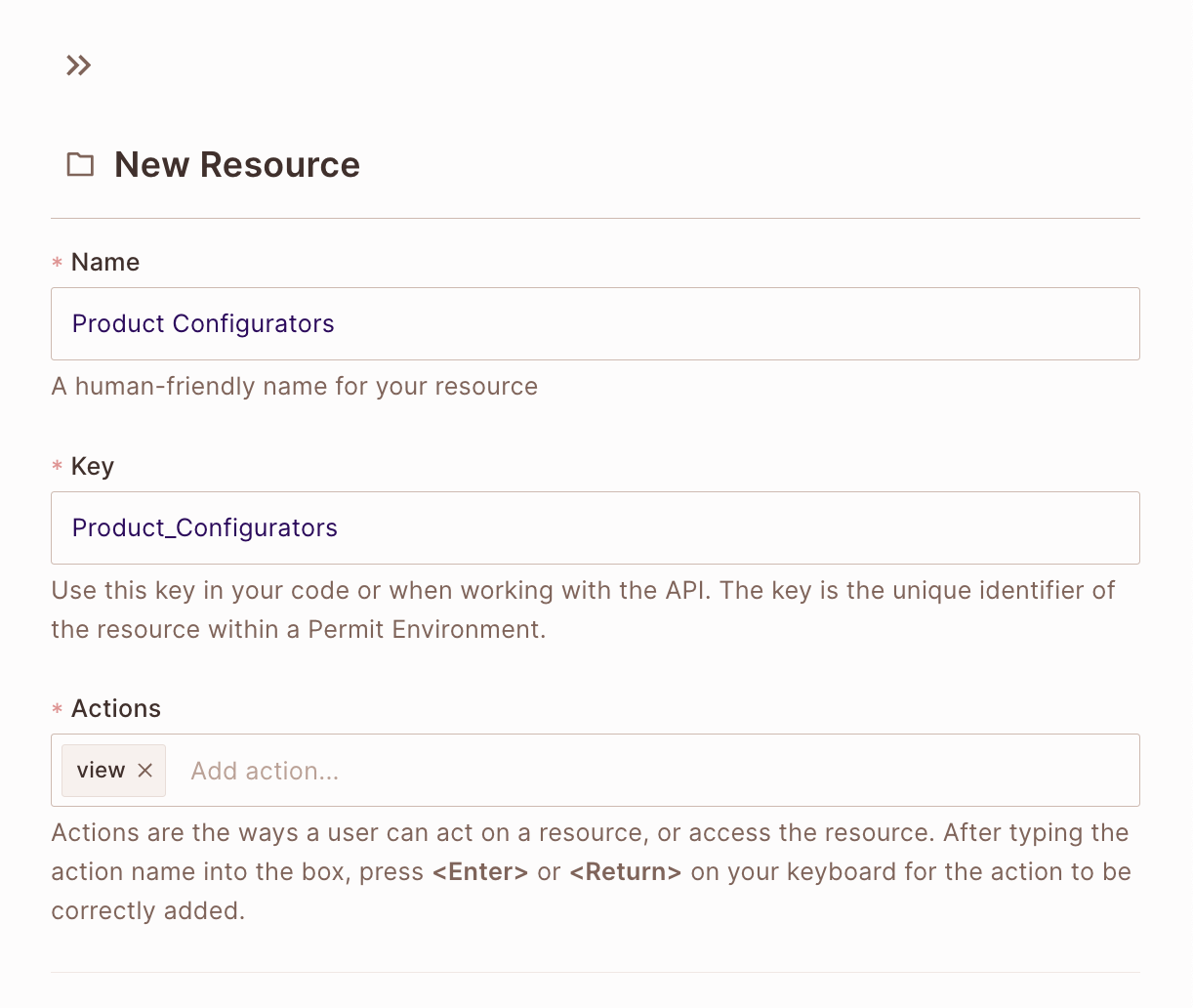 New Resource form with the name Product Configurators, the key Product_Configurators, and a view action