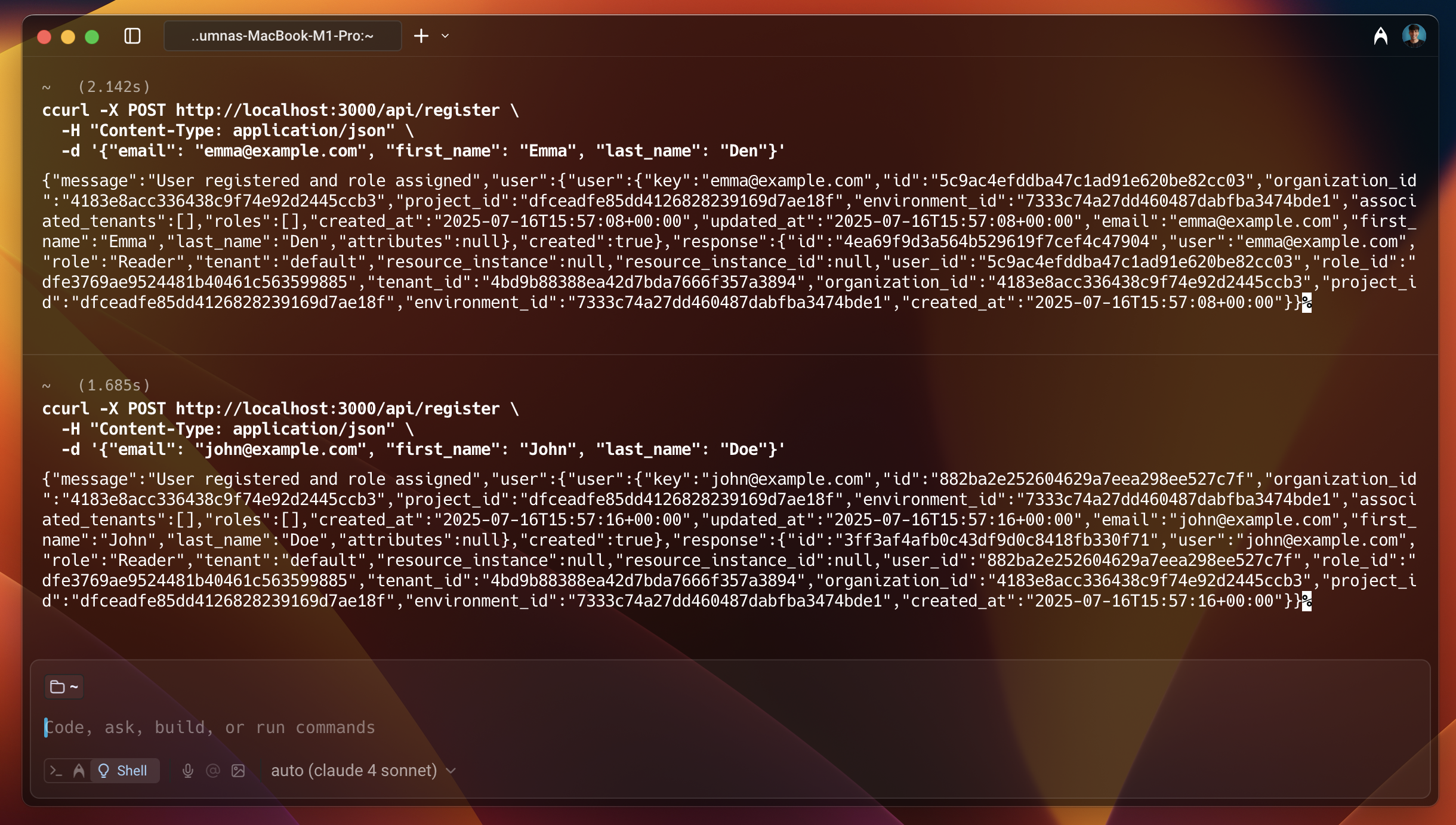 Terminal showing curl requests to /api/register for Emma and John, each returning the synced user and a Reader role assignment
