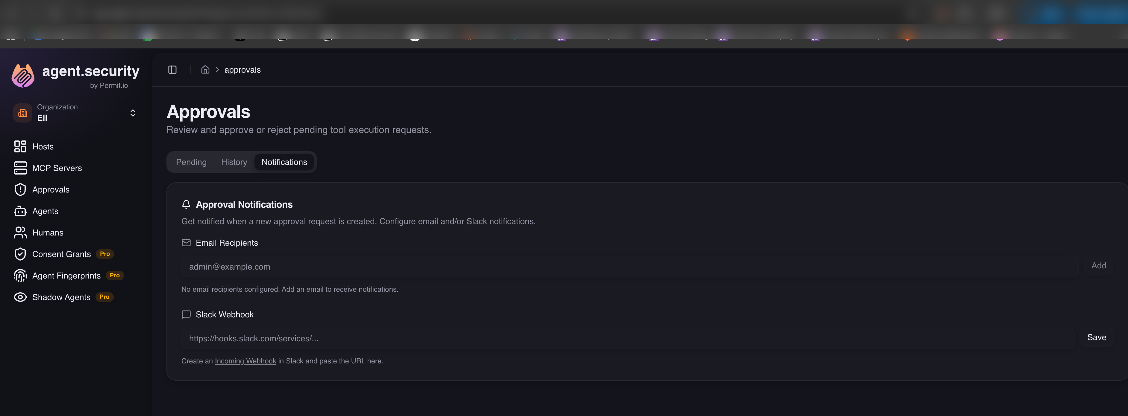 Notifications tab with email and Slack settings