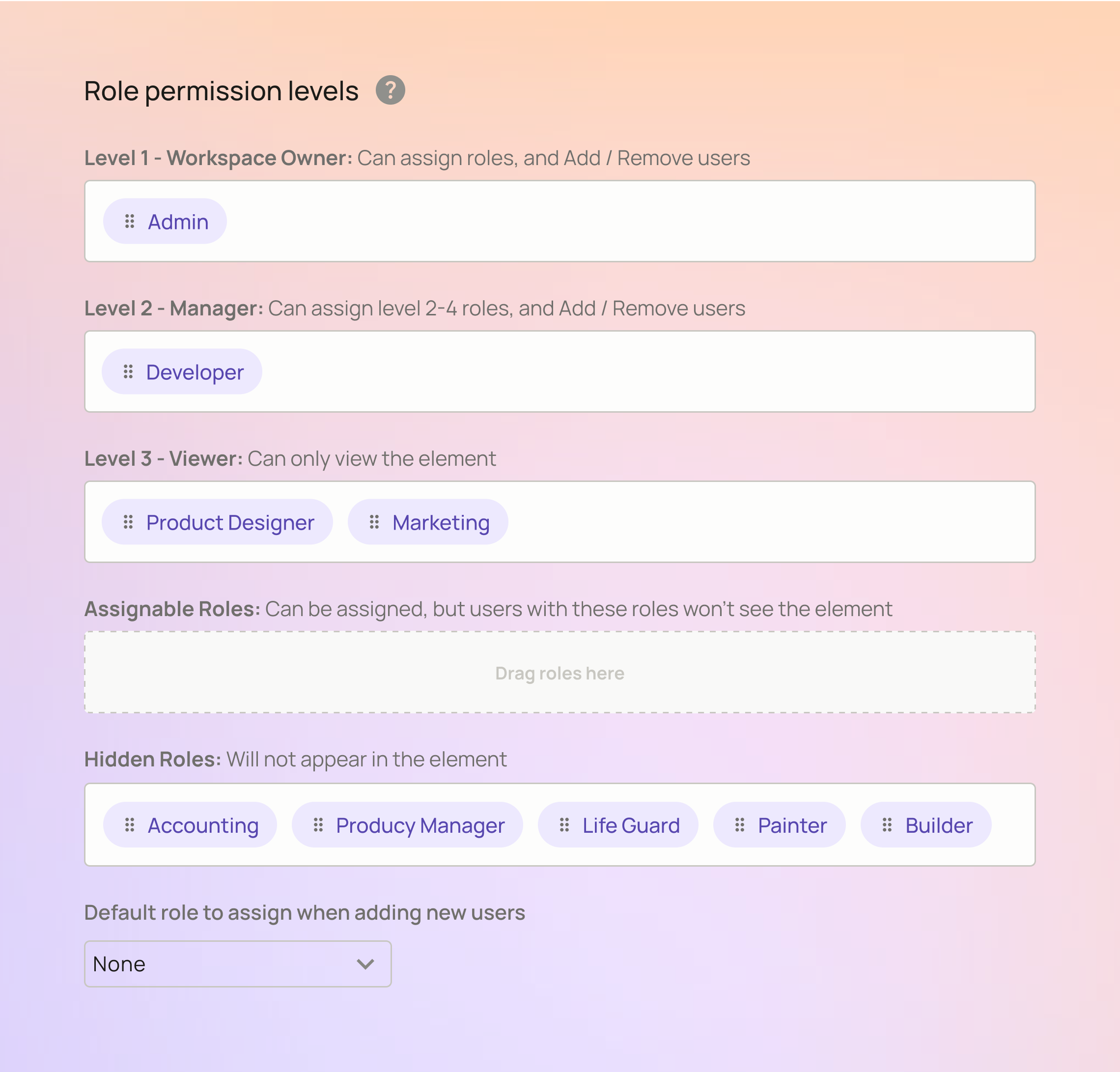 Role permission levels in an element form: Admin in Level 1, Developer in Level 2, Product Designer and Marketing in Level 3, an empty Assignable Roles box, and five roles in Hidden Roles