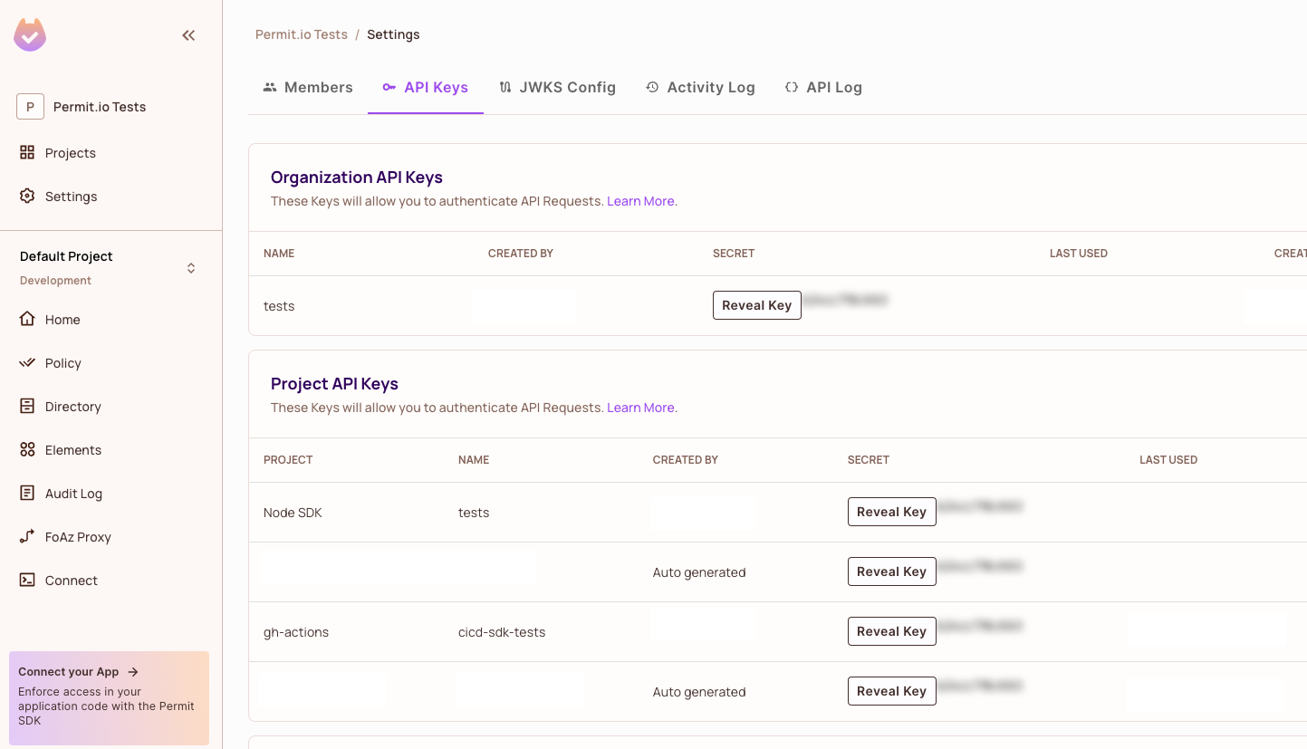 The API Keys page in Permit settings