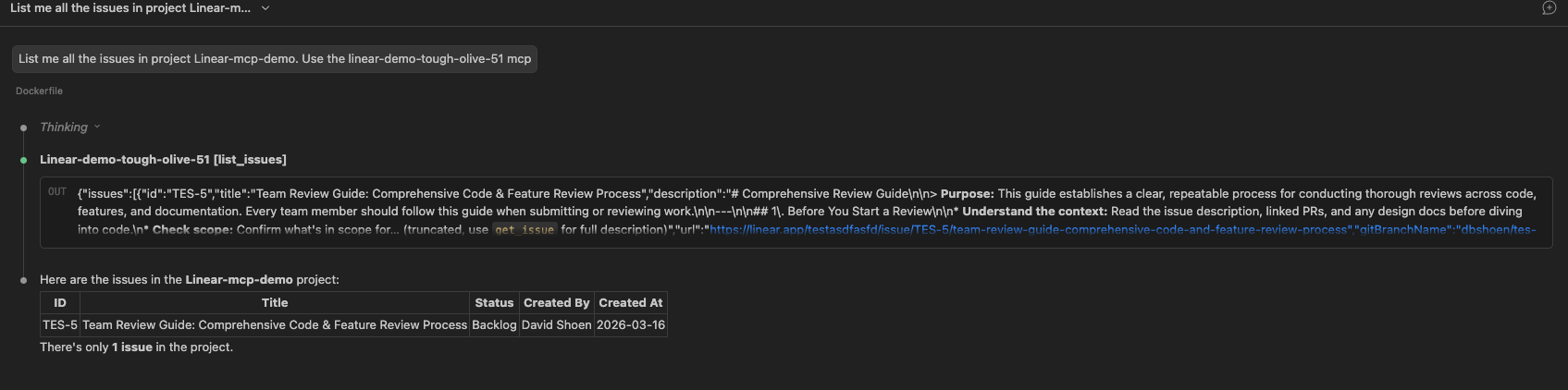 Claude Code listing Linear issues for the Project Manager
