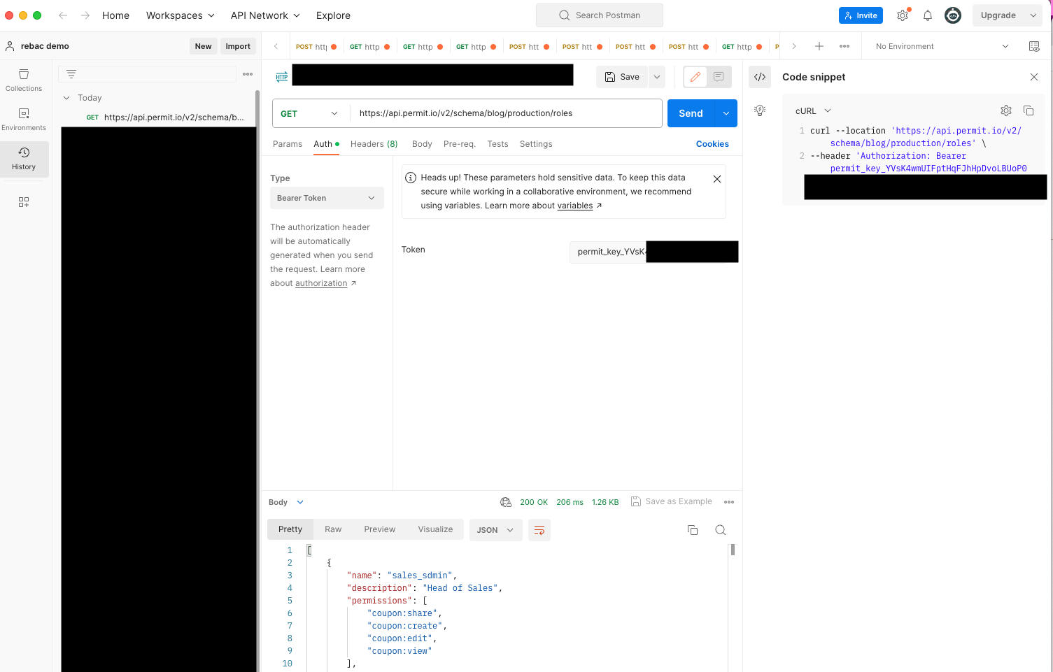 Postman Authorization tab with Bearer Token selected and a Permit API key in the Token field