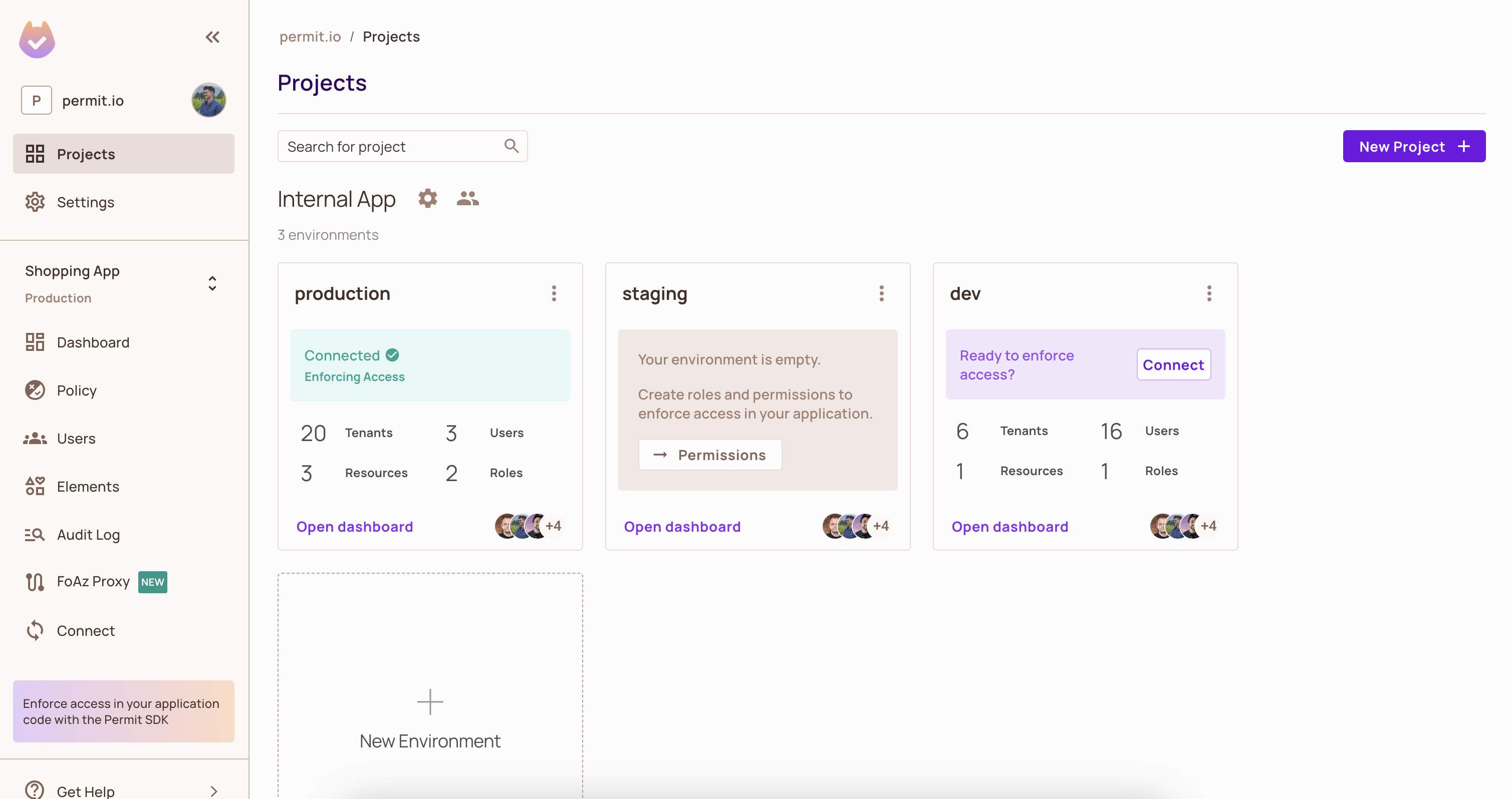 Projects screen of the Permit dashboard with project cards and their environments