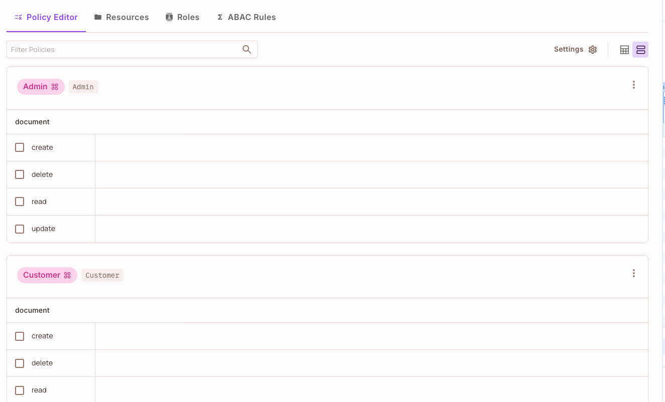 Policy Editor block view with the Admin and Customer roles, each listing the create, delete, read, and update actions of the document resource with no actions selected