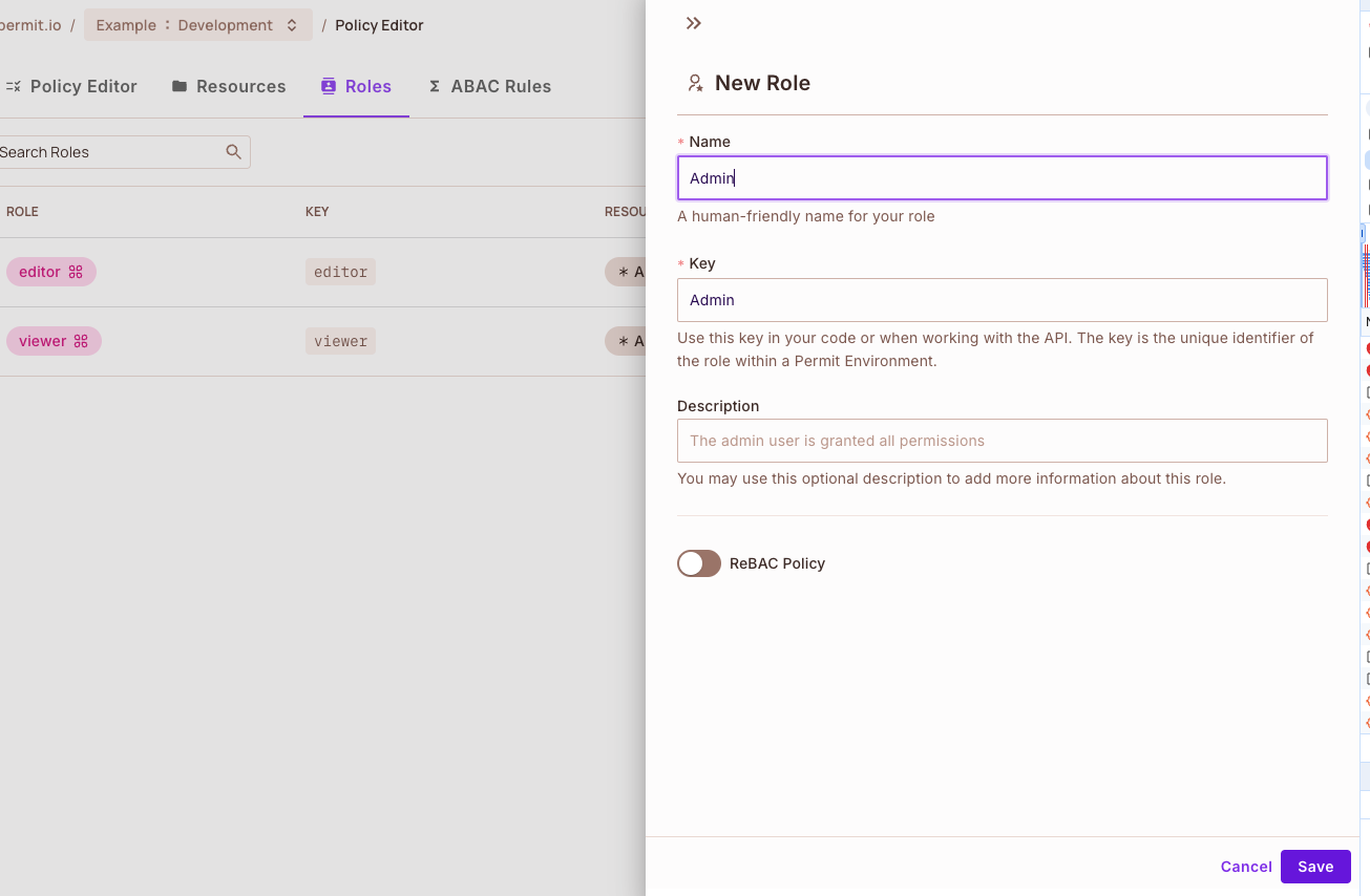 New Role panel on the Roles tab with the name Admin, the key Admin, and an optional description