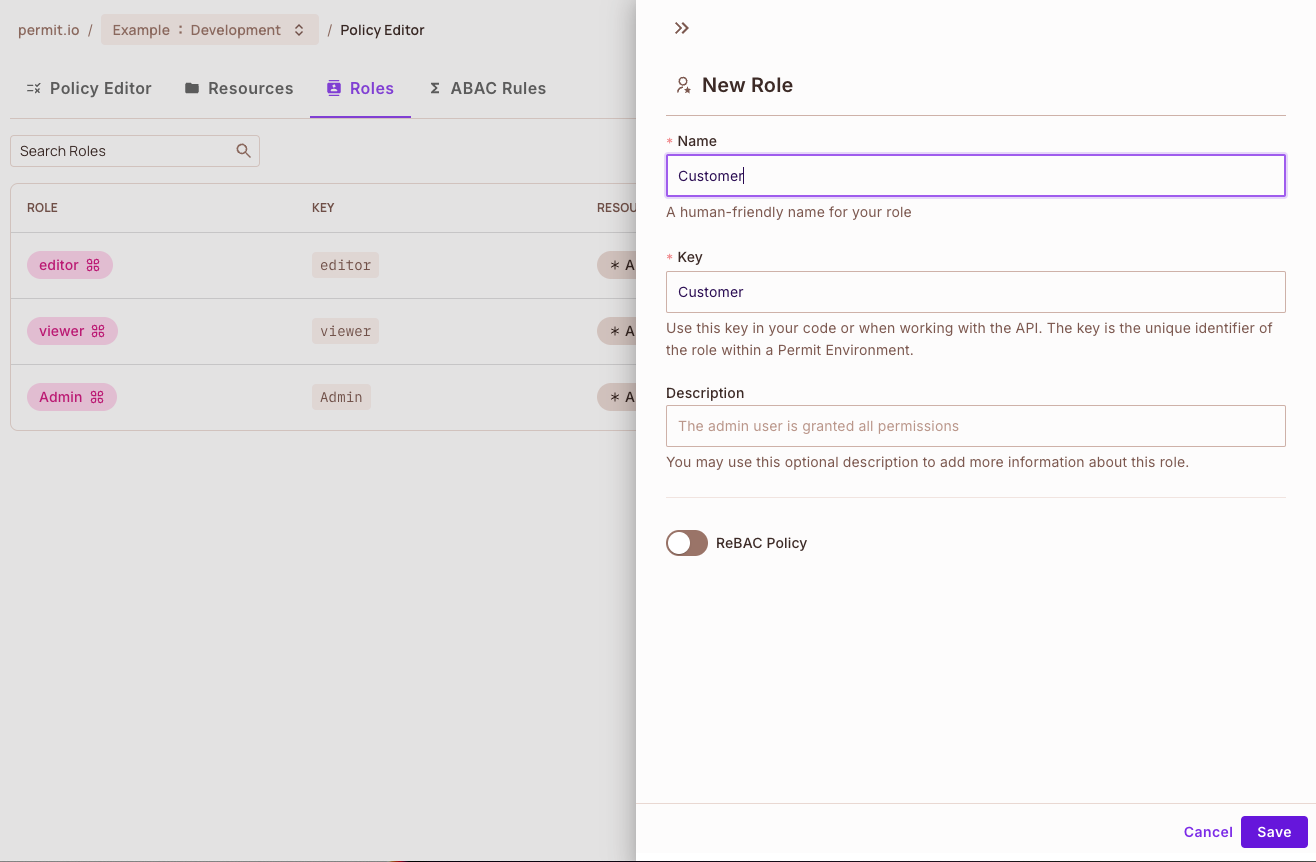 New Role panel on the Roles tab for the Customer role