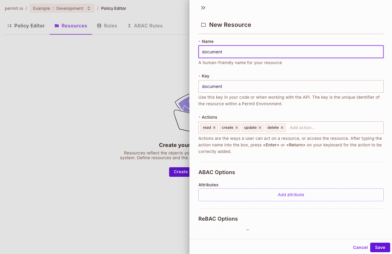 New Resource panel with the name document, the key document, and the read, create, update, and delete actions