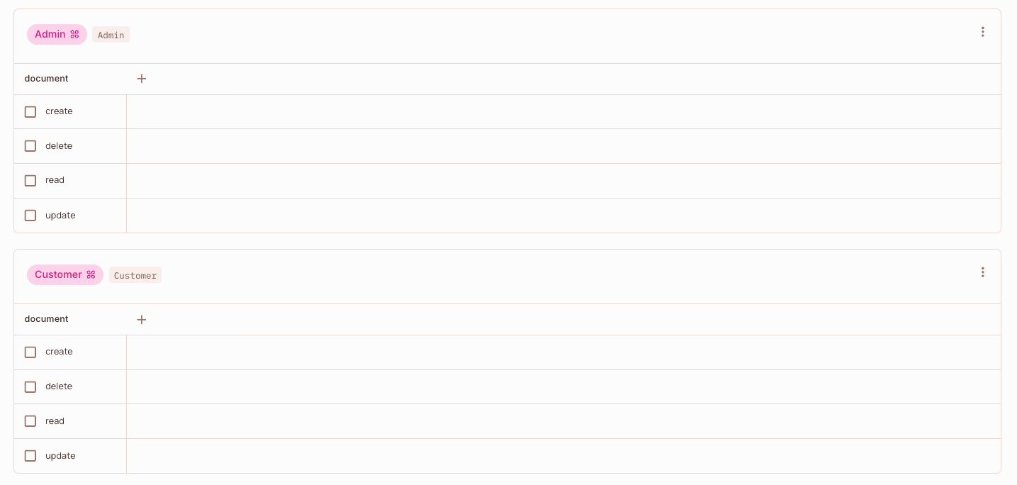Policy Editor block view with the Admin and Customer roles, each listing the create, delete, read, and update actions of the document resource