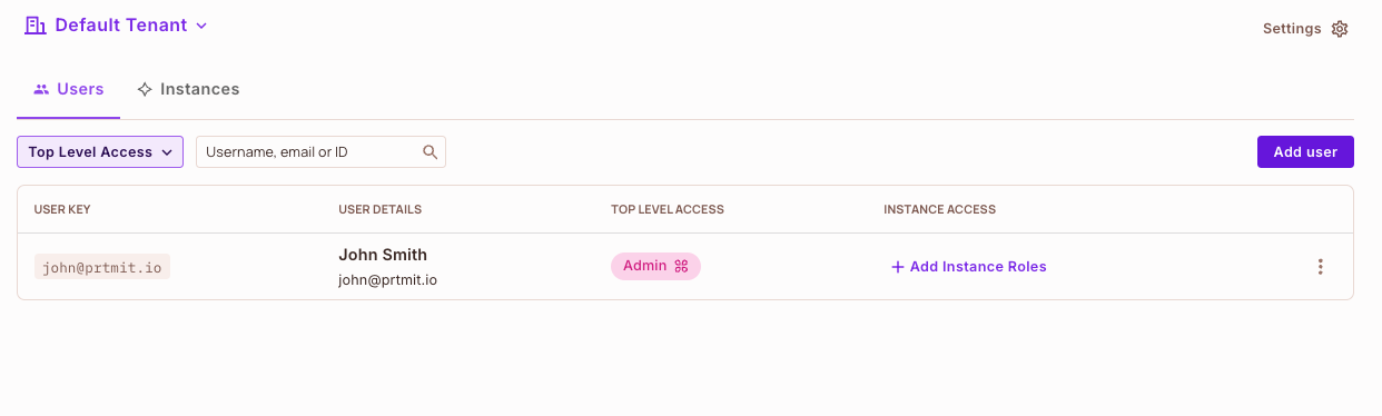 Directory screen for Default Tenant listing John Smith with the Admin role under Top Level Access
