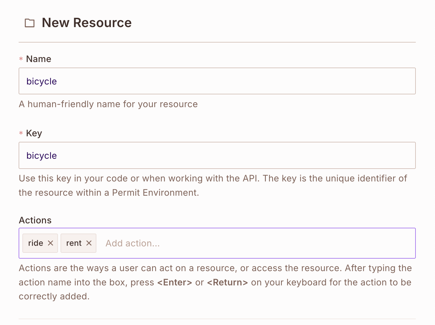 New Resource panel for the bicycle resource