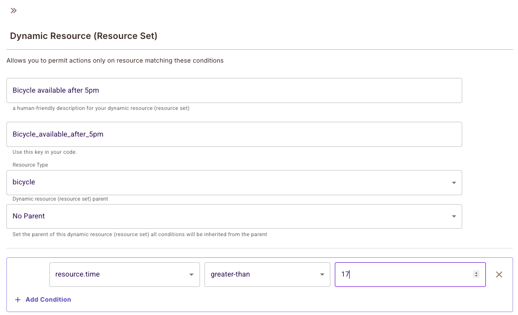 Dynamic Resource (Resource Set) form named Bicycle available after 5pm for the bicycle resource type, with the condition resource.time greater-than 17