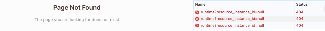 Network tab showing a 404 response for the /runtime request