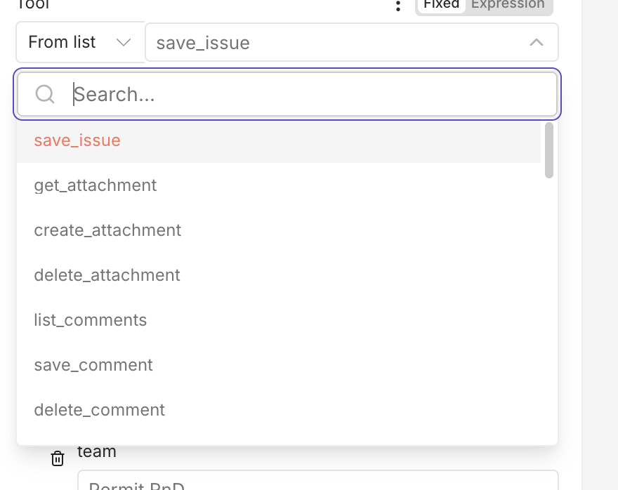 The Tool field in the MCP Client Tool node with save_issue selected from the list of Linear tools