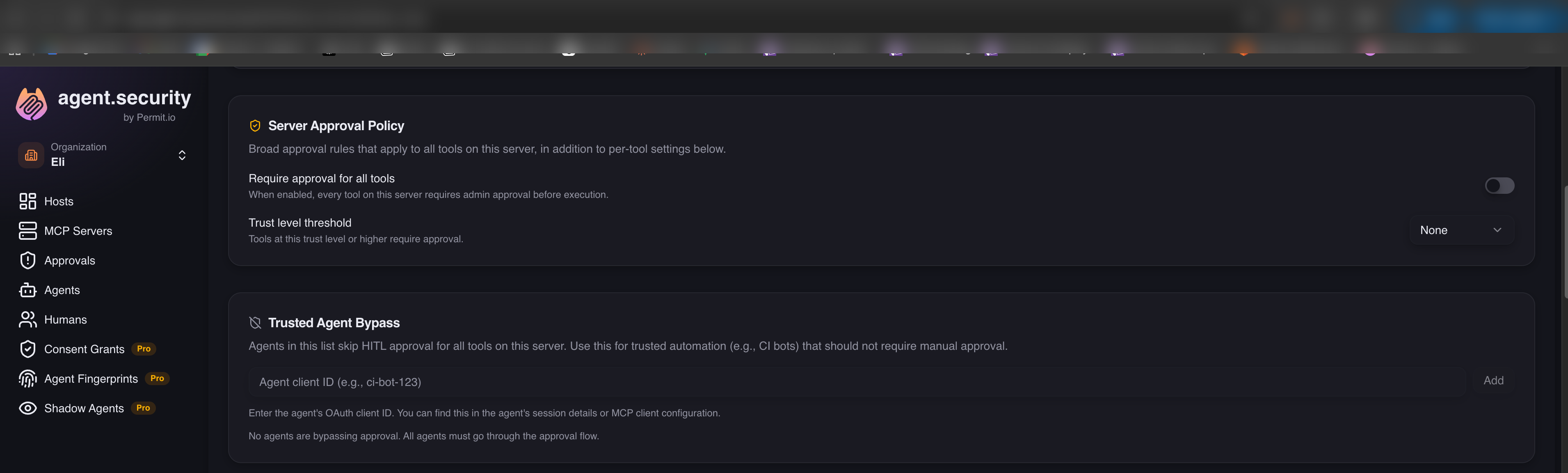 Server Approval Policy and Trusted Agent Bypass cards on the server detail page
