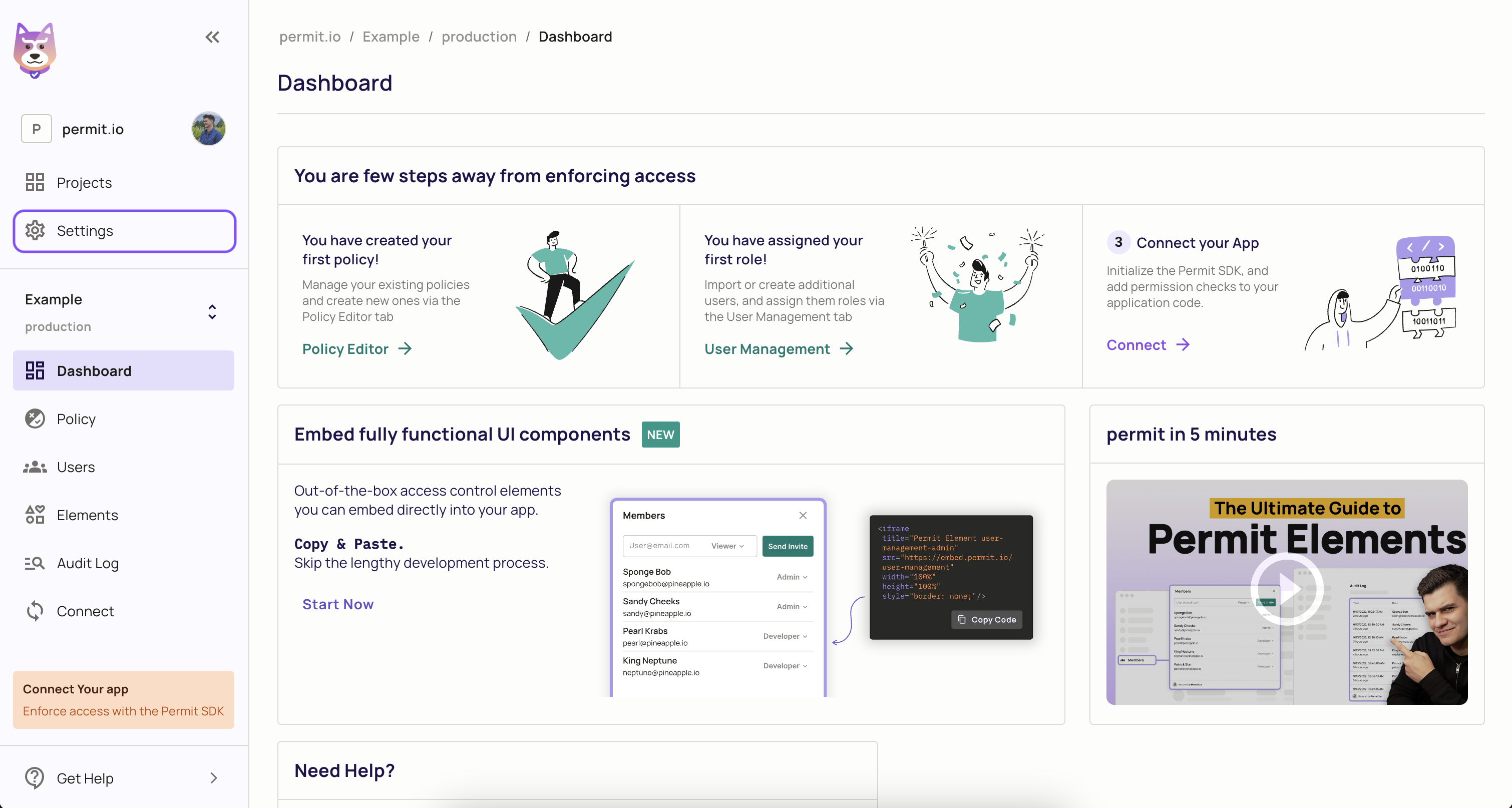 Settings item in the left navigation panel of the Permit dashboard
