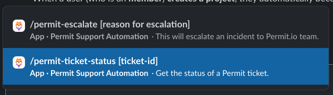 Slack command menu showing the /permit-escalate and /permit-ticket-status commands from the Permit Support Automation app