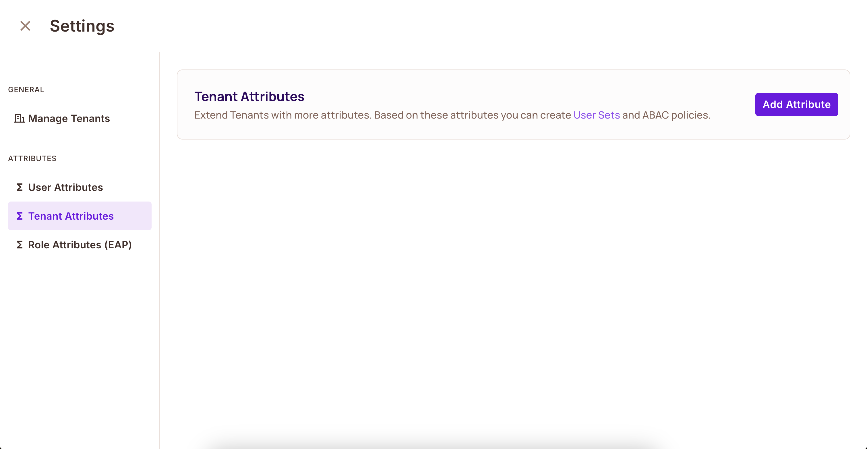Directory Settings panel with Tenant Attributes selected and the Add Attribute button