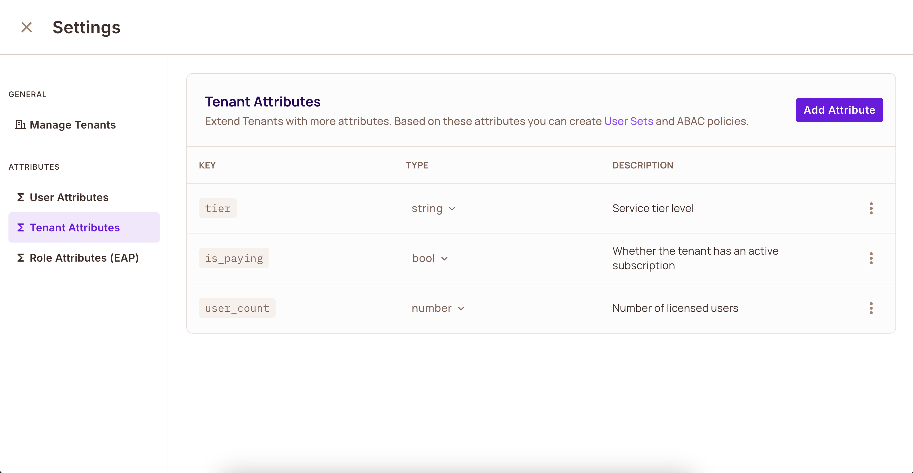 Tenant Attributes list with example attributes added