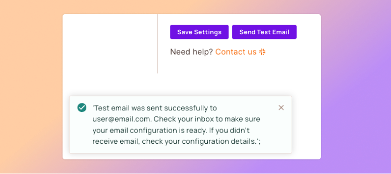 Confirmation message after Send Test Email: test email was sent successfully