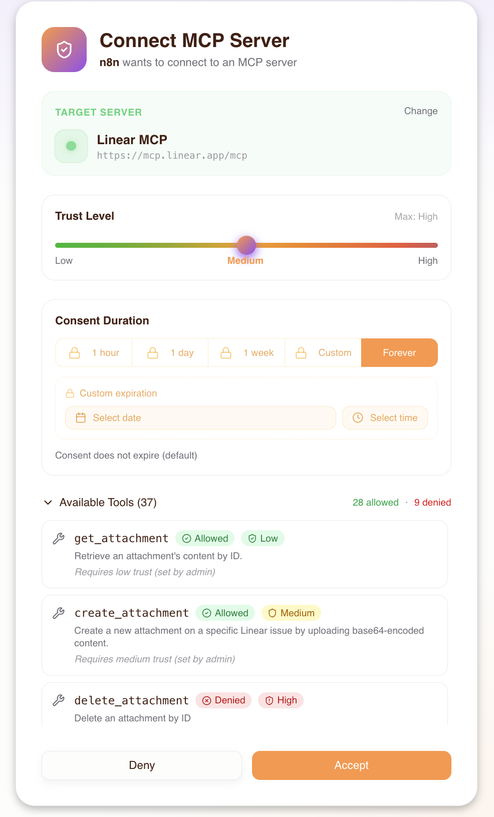 Connect MCP Server consent screen with the Trust Level slider, Consent Duration options, and the Linear tool list showing each tool's required trust level