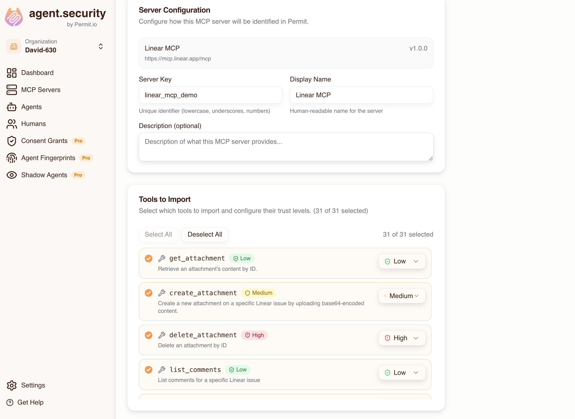 Tool list with list_issues set to Medium and save_issue set to High