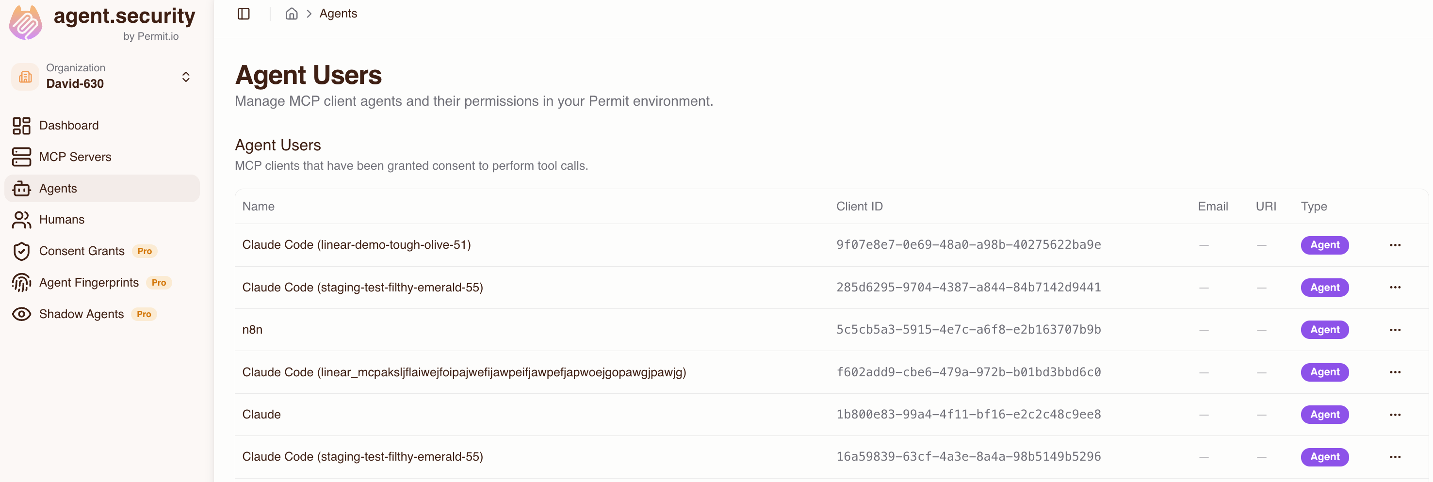 Agent Users list on the dashboard Agents page, with the n8n agent and its client ID among the connected MCP clients