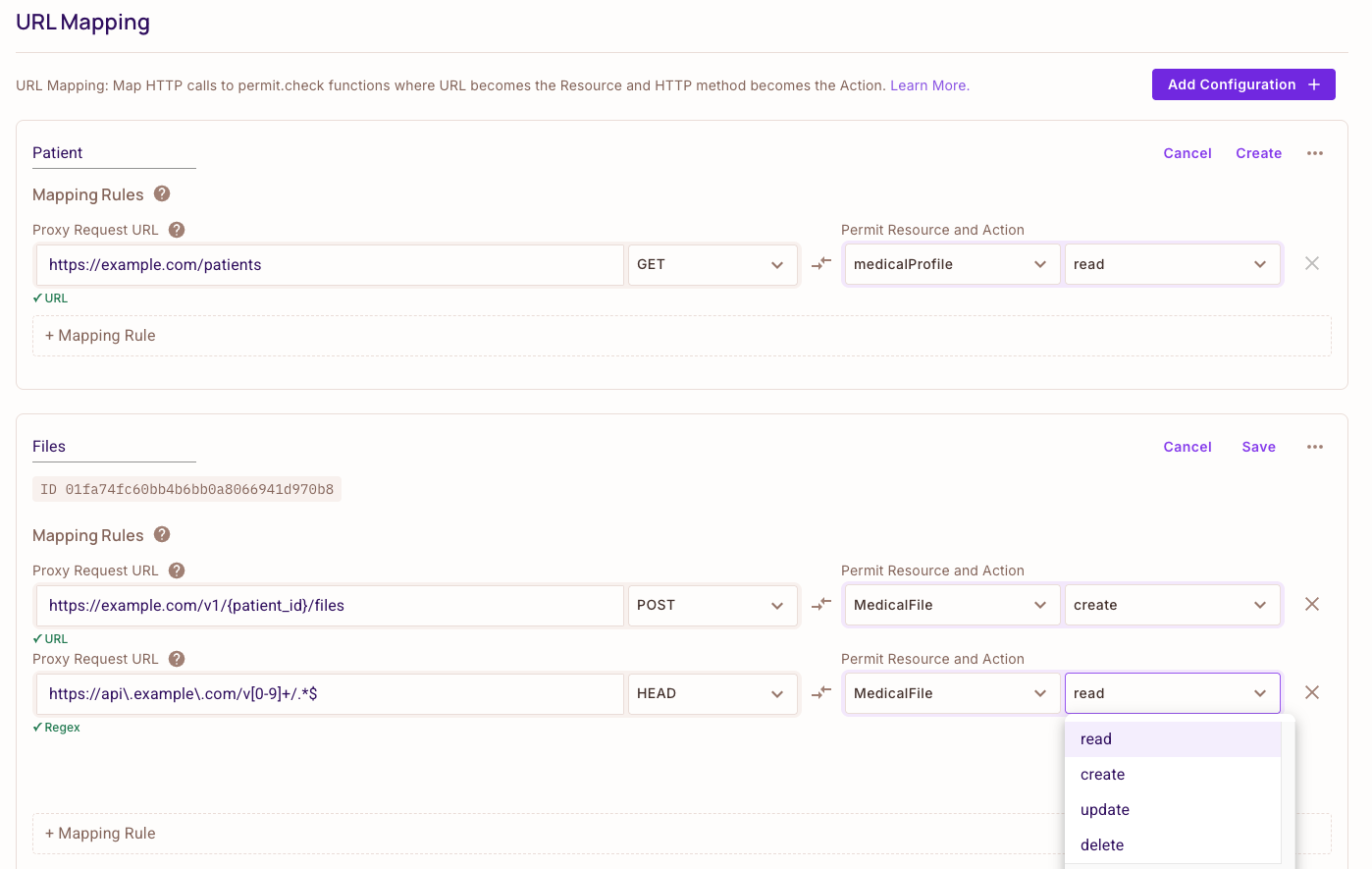URL Mapping screen in the Permit dashboard, listing configured mapping rules