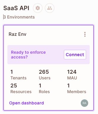 Environment card on the Projects screen showing the tenant, user, MAU, resource, role, and member counts of the environment