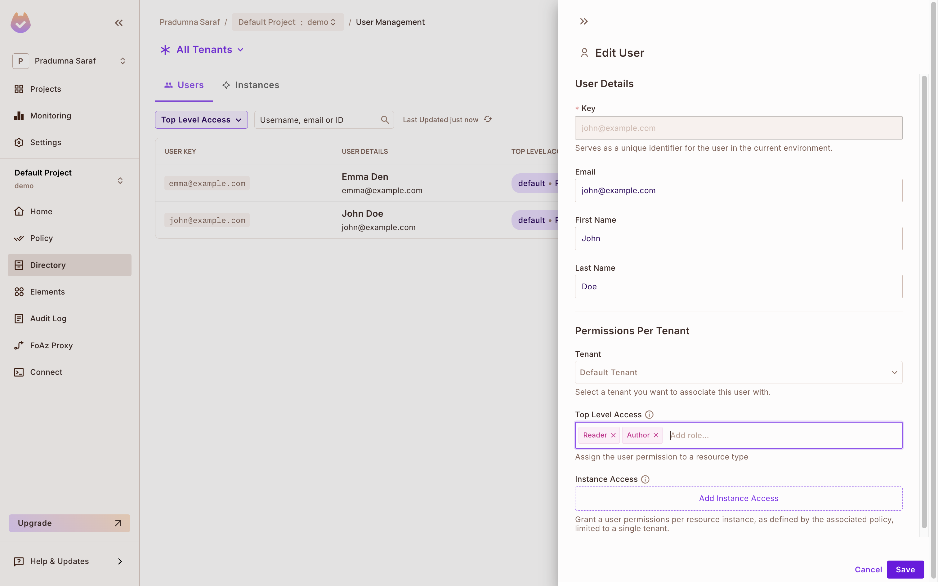 Edit User panel in the Permit Directory with Reader and Author roles under Top Level Access for john@example.com