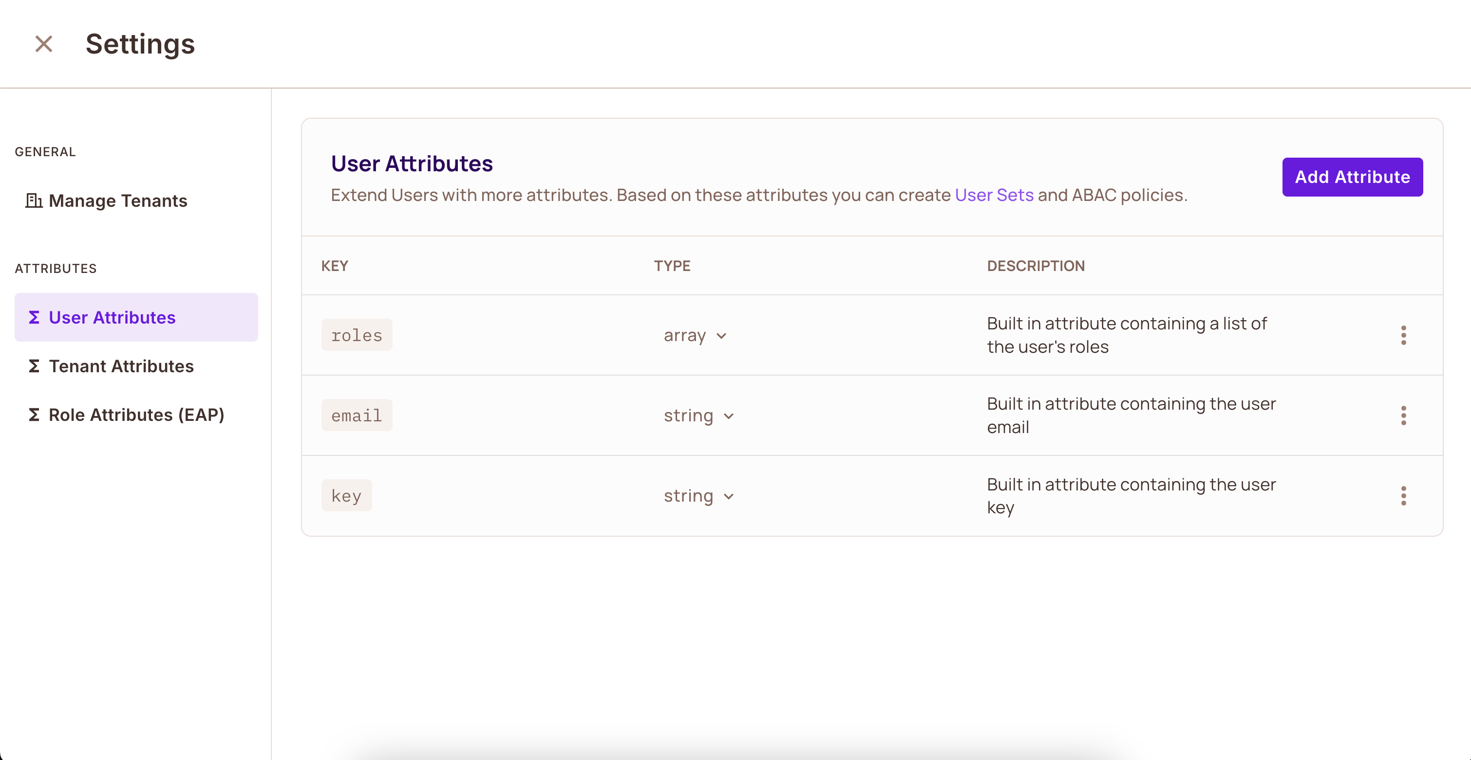 Directory Settings panel with User Attributes selected, listing the built-in roles, email, and key attributes, and the Add Attribute button