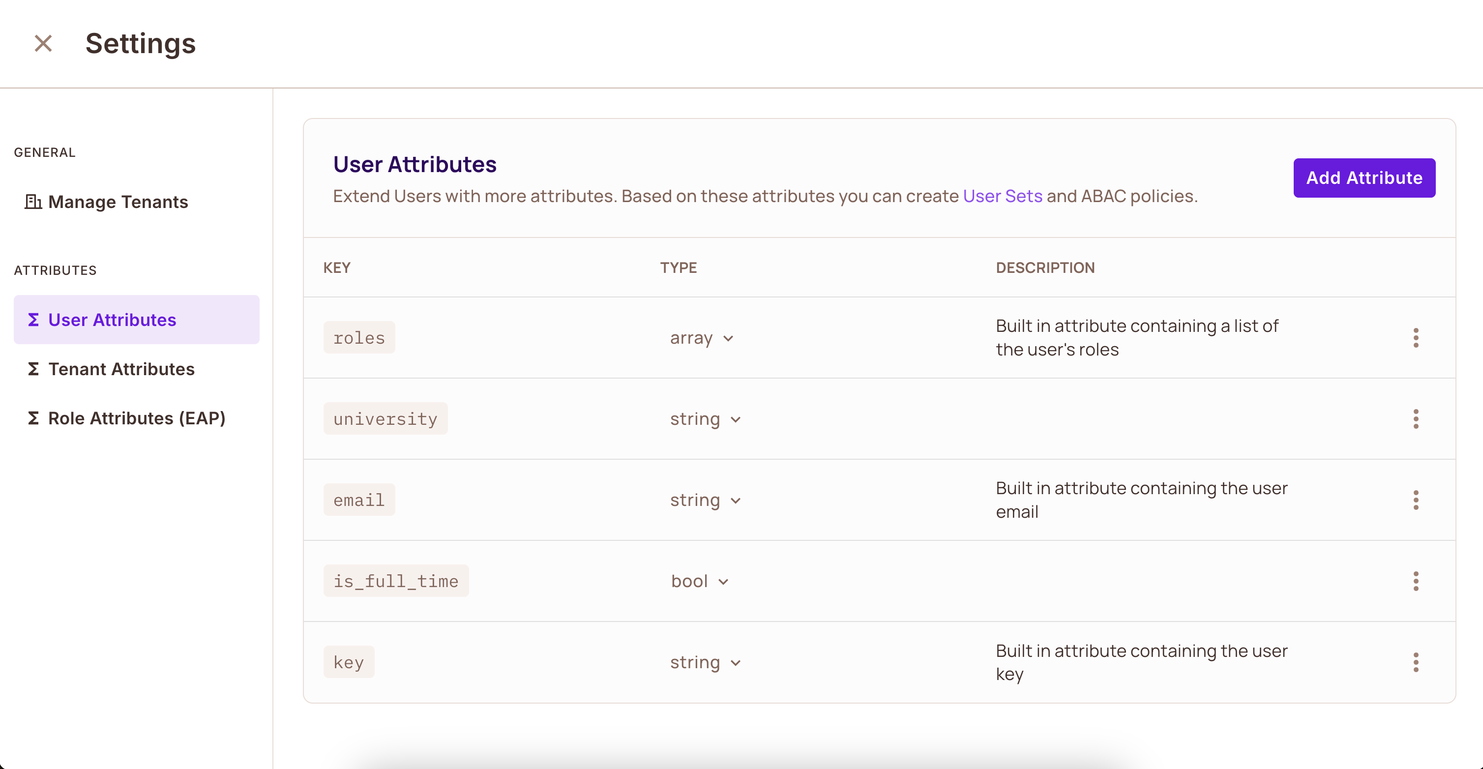 User Attributes list with the university string attribute and the is_full_time bool attribute added