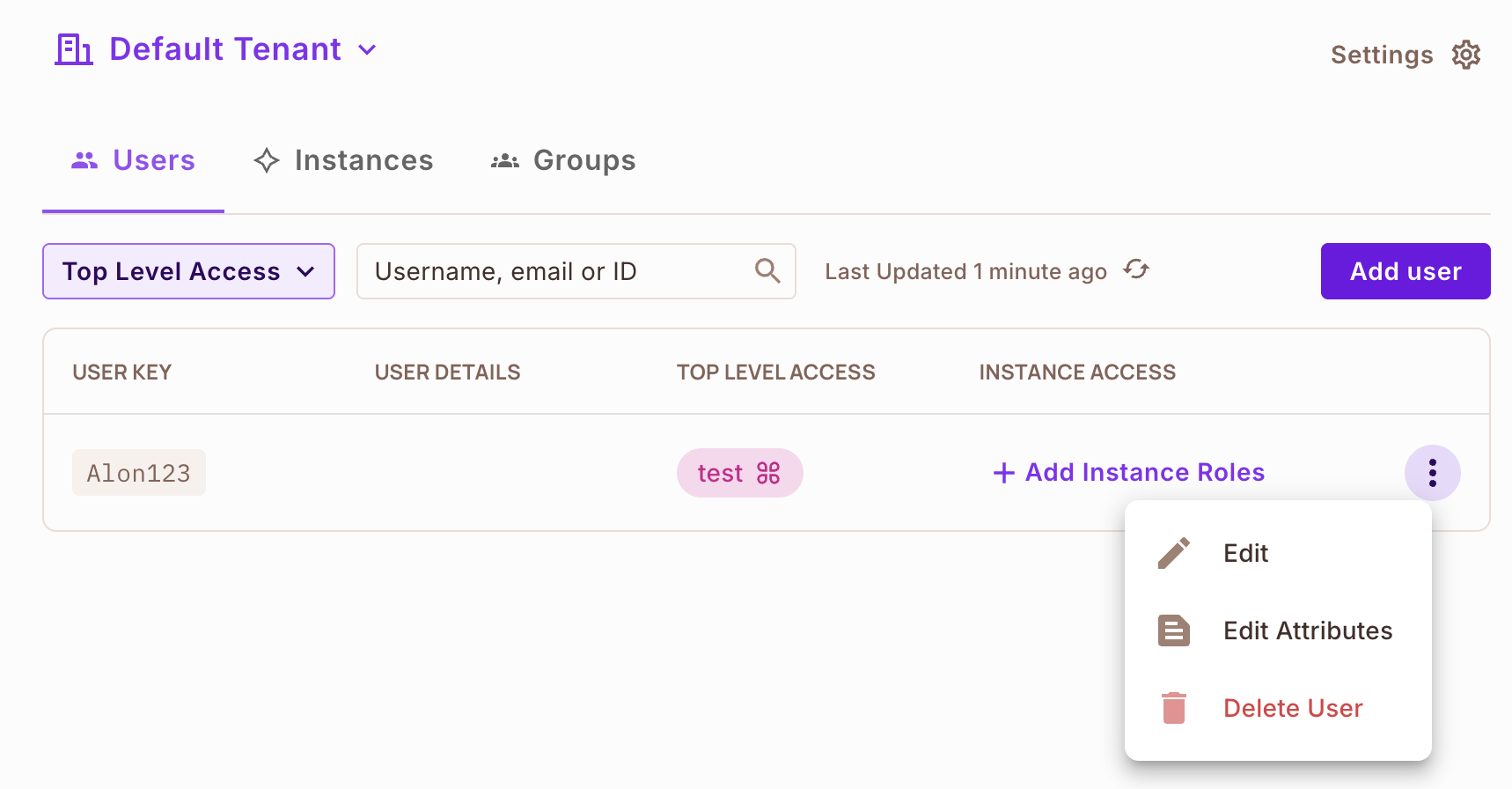 Users tab of the Directory screen with a user's three-dot menu open, showing Edit, Edit Attributes, and Delete User
