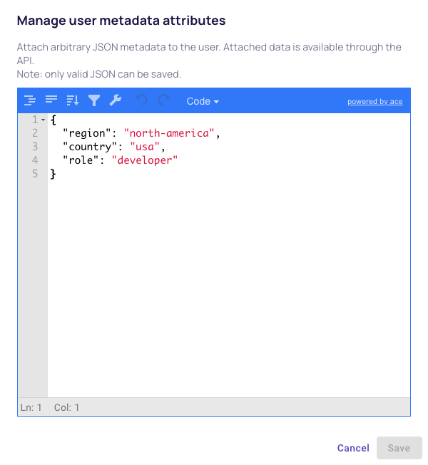 Edit Attributes window with the user's attributes as JSON