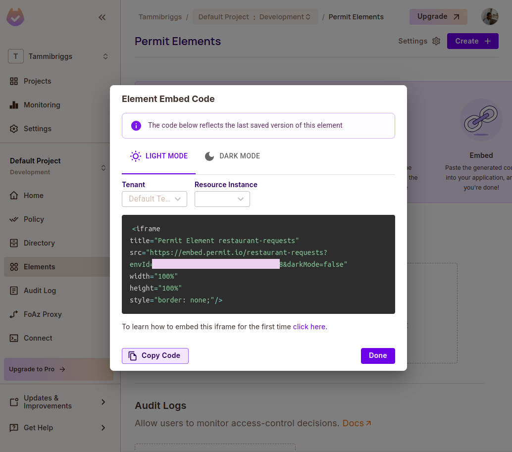 Get Code panel of the Restaurant Requests element, showing the config ID restaurant-requests