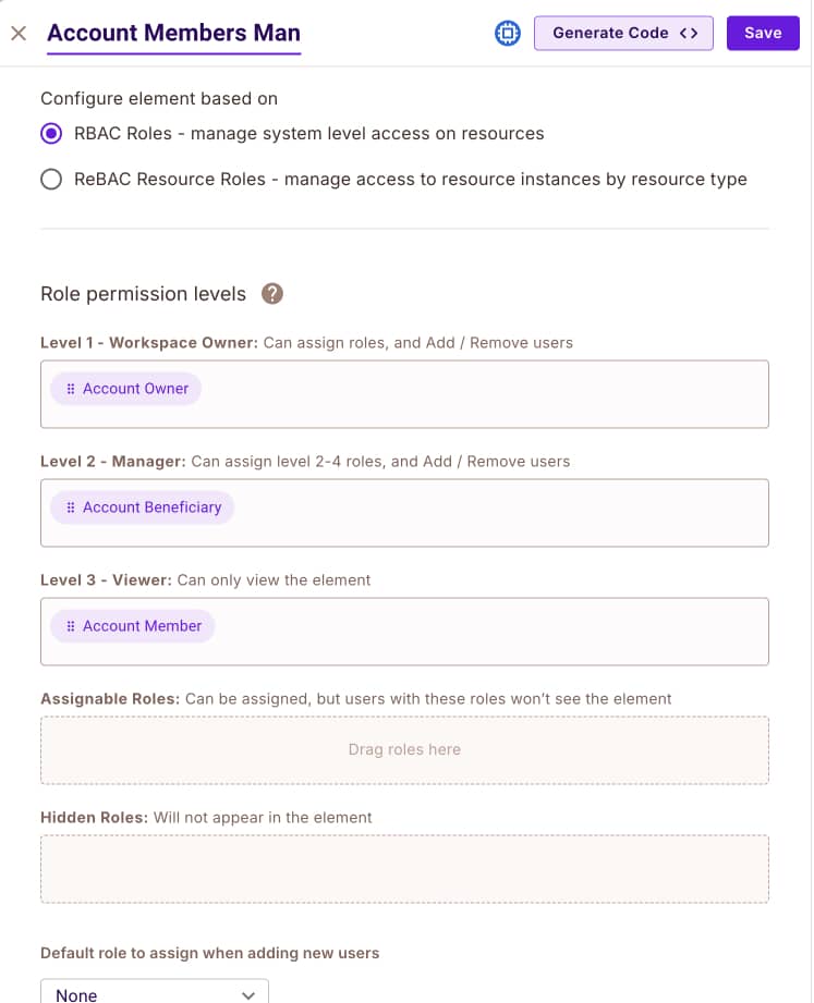 User Management element configuration with permission levels for Account Owner, Account Beneficiary, and Account Member
