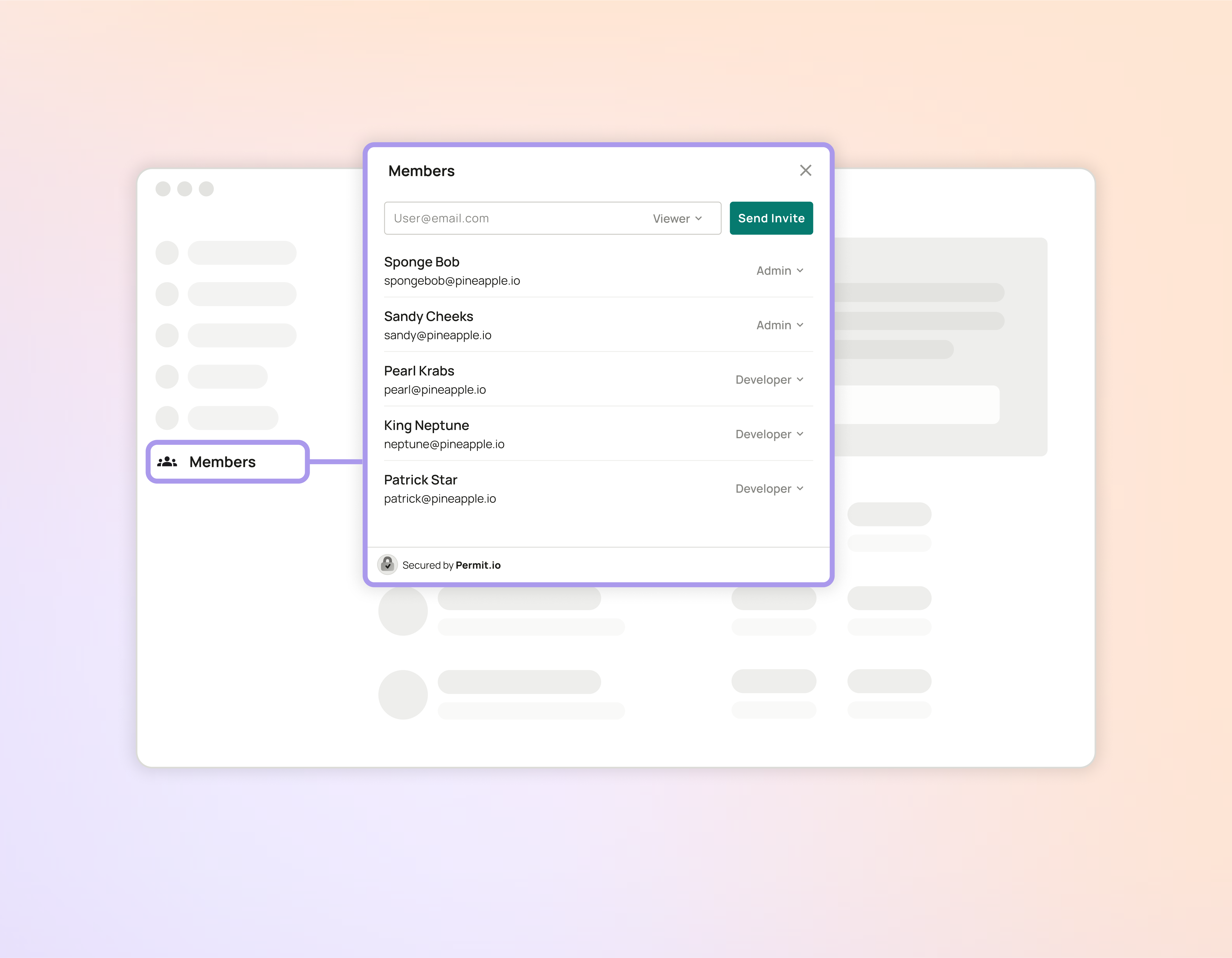 User Management element embedded in an application, listing members with their roles and an invite field with a Send Invite button