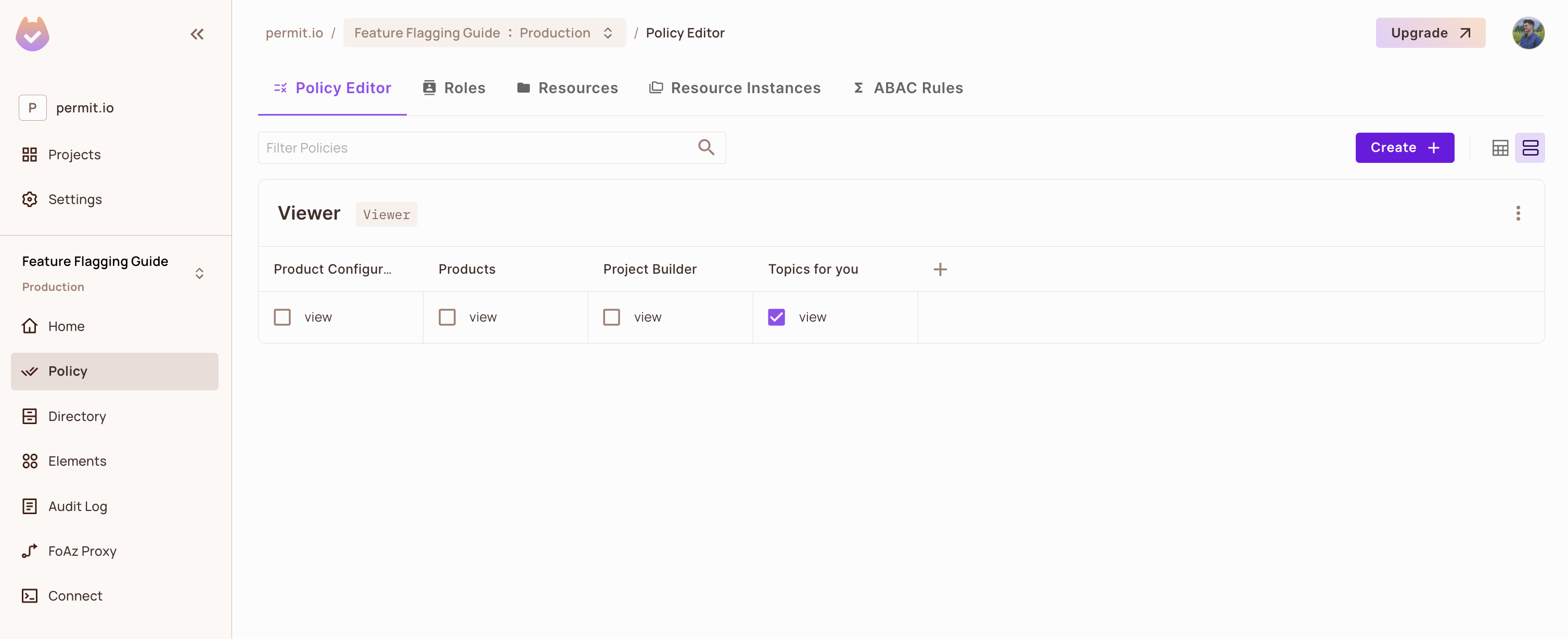 Policy Editor where the Viewer role has view checked only on Topics for you
