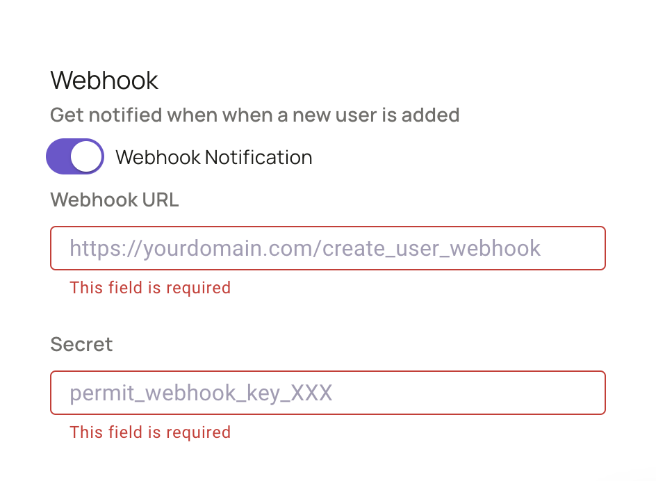 Webhook settings in an element form with the Webhook Notification toggle, Webhook URL field, and Secret field