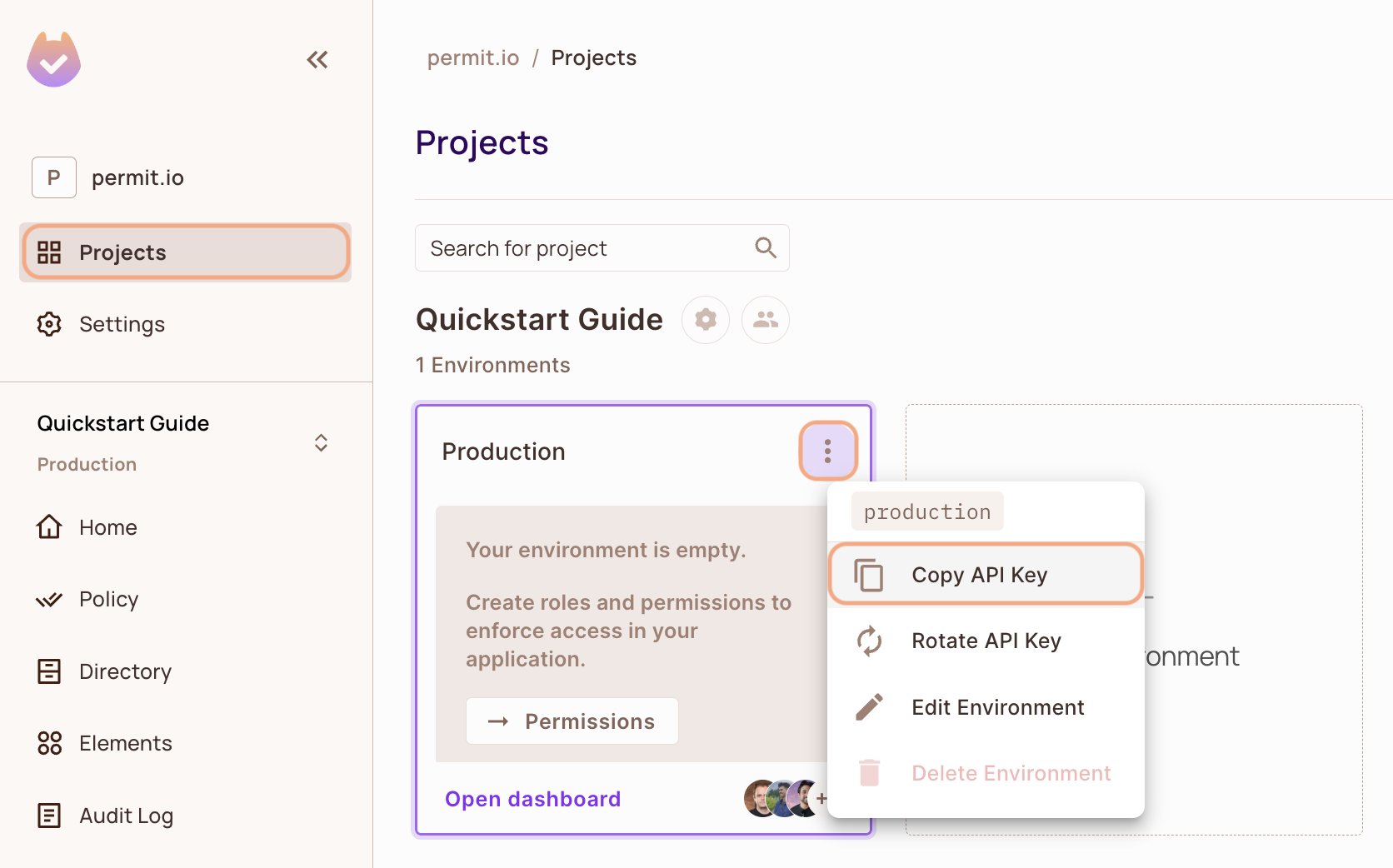 Projects screen with the environment card menu open and Copy API Key highlighted
