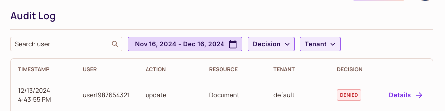 Audit Log entry for user|987654321 performing update on Document in the default tenant, with the decision DENIED