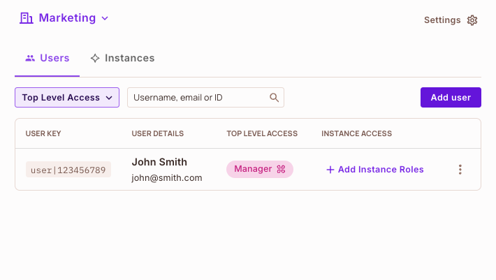 Directory filtered to the Marketing tenant, showing John Smith with the Manager role