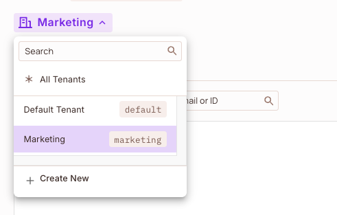 Directory tenant selector listing All Tenants, Default Tenant, and Marketing