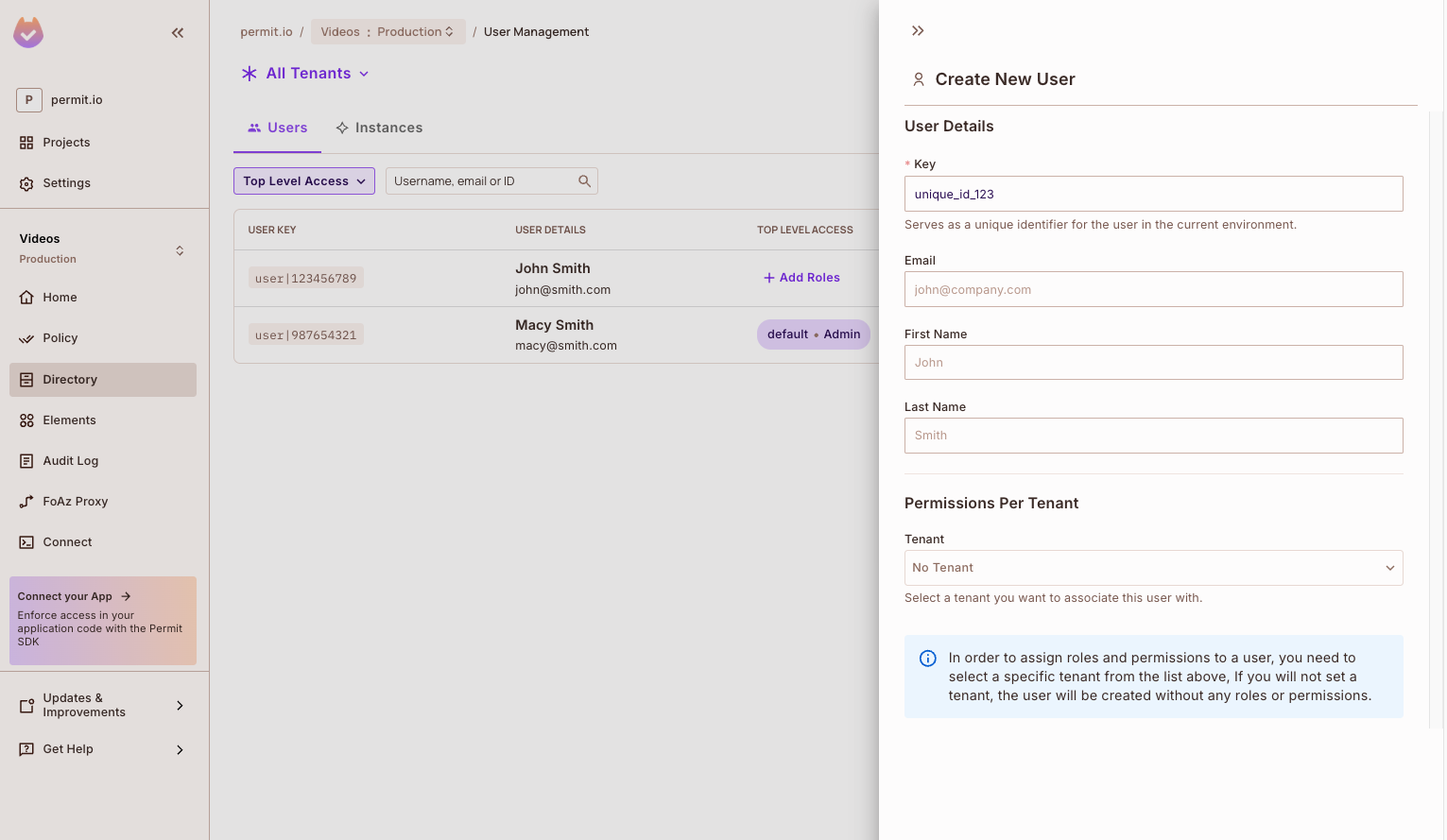 Permit Directory screen with the Create New User panel open, showing Key, Email, First Name, Last Name, and Tenant fields
