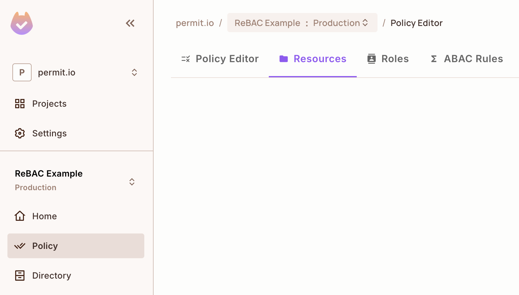 Empty Resources tab in the Permit Policy screen with the Add Resource button