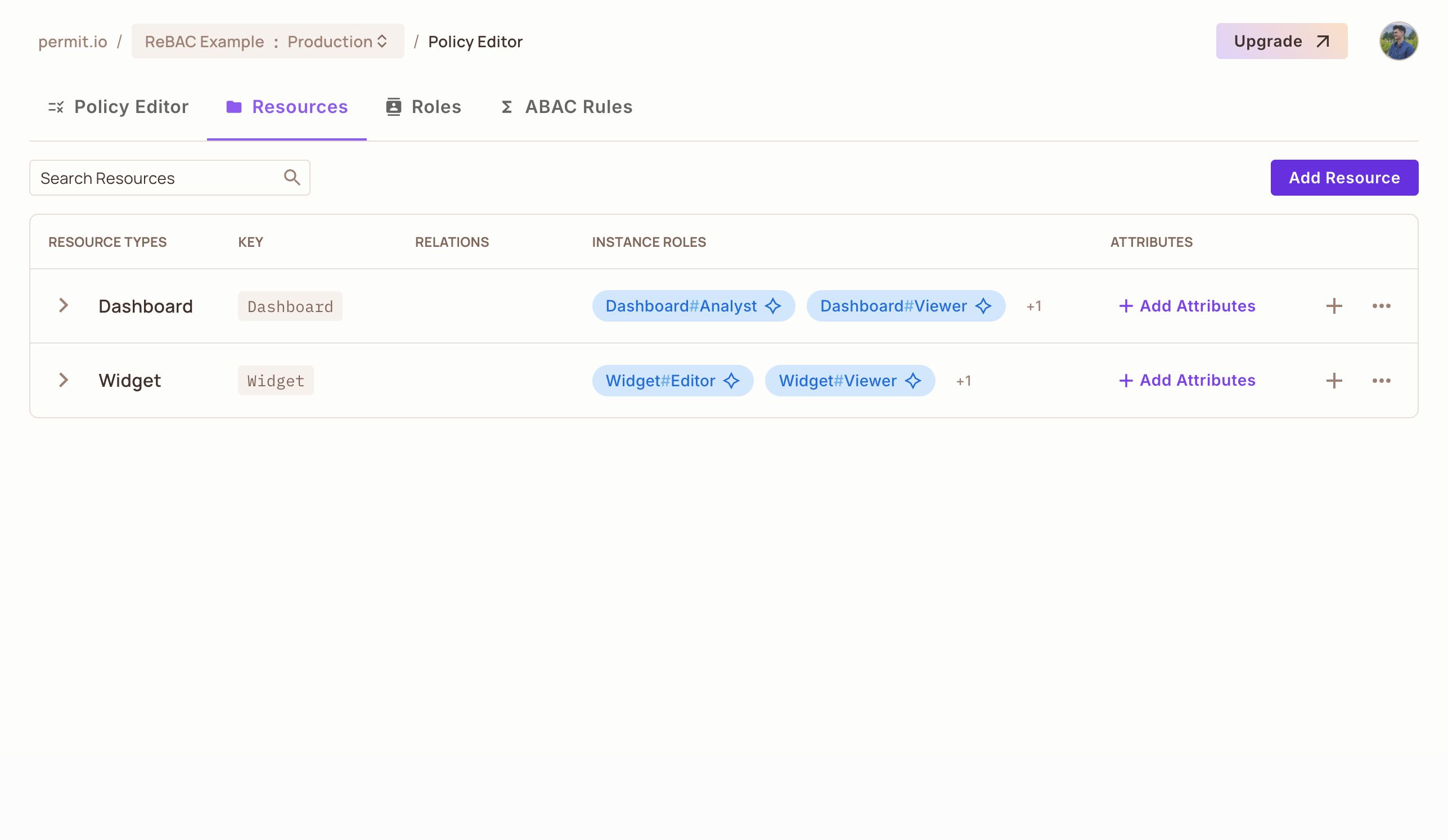 Resources tab listing the Dashboard and Widget resources with their keys and instance roles