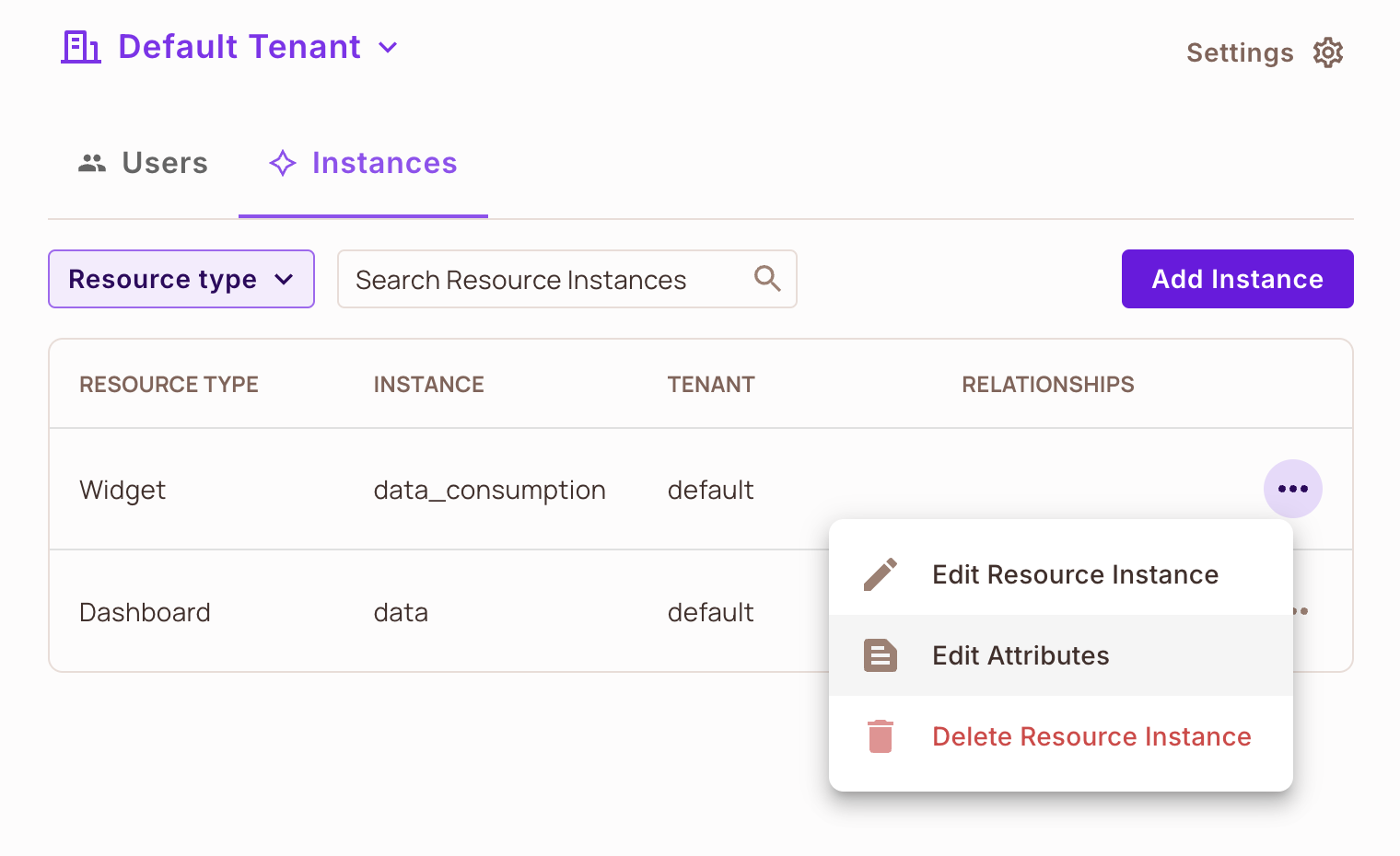 Instances tab of the Permit Directory with the Edit Attributes option for a resource instance